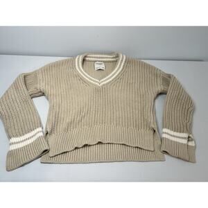 Abercrombie & Fitch XS Cropped Varsity Ribbed Sweater Beige V Neck Preppy